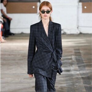 Tibi Marvel Plaid Wool Blend Tie Waist Blazer Jacket Size 10